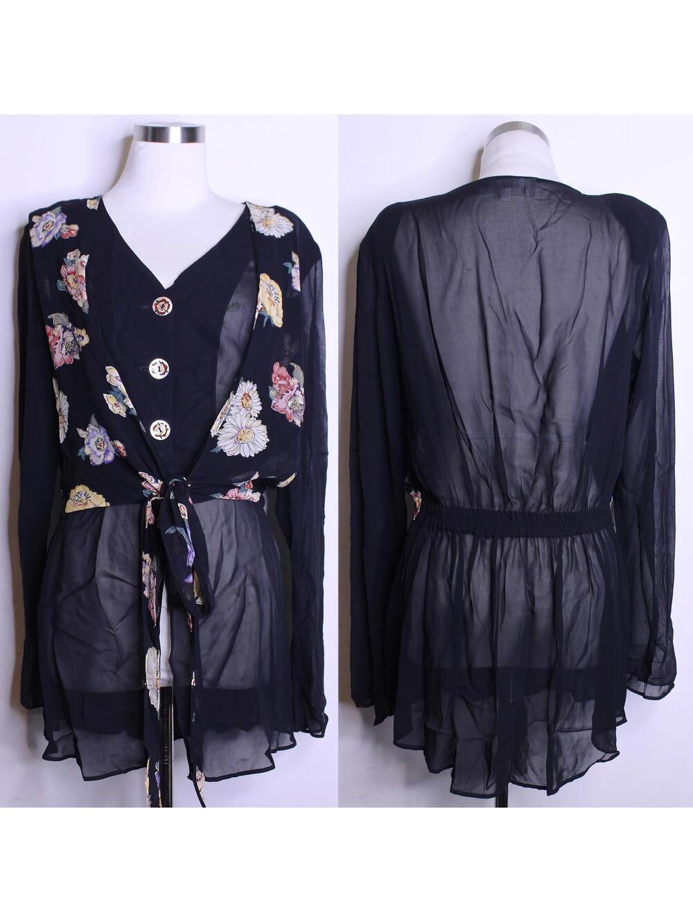VTG Whimsigoth Black Floral Wrap Sheer Blouse - Medium